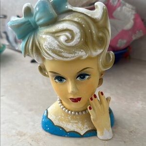 Vintage Lady Head Vase with Blue Bow & jewelery